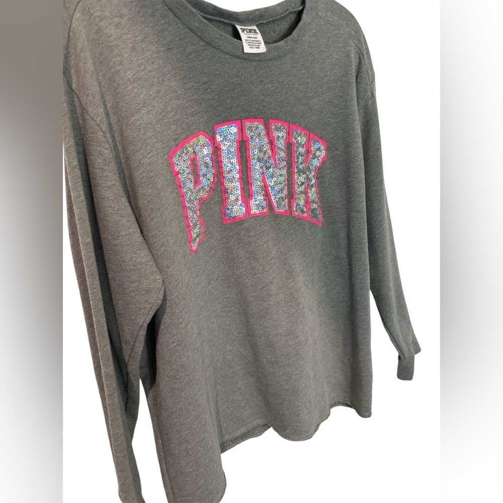 PINK Victoria’s Secret Sequin Logo Gray Long Sleeve Top Large - Picture 5 of 6